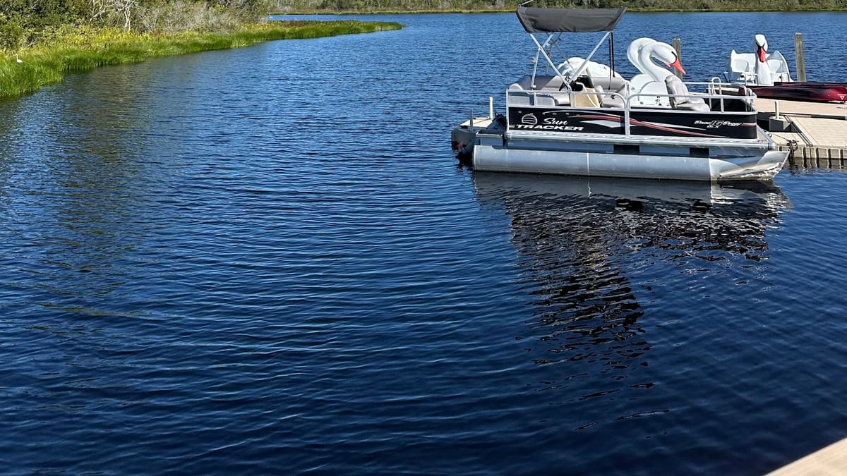 Lago de águas calmas com pontão e pedalinhos de cisne atracados sob céu azul, na Flórida